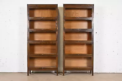 Antique Shaw Walker Arts & Crafts Mahogany Five-Stack Barrister Bookcases Pair • $7500