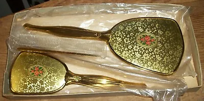 Matson? Vintage Vanity Dresser Hand Mirror Brush & Comb Boxed Set Gold Floral • $19.99