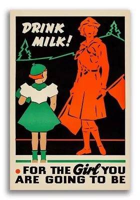 Drink Milk!  1930s Vintage Style Health Poster For Girls - 16x24 • $13.95