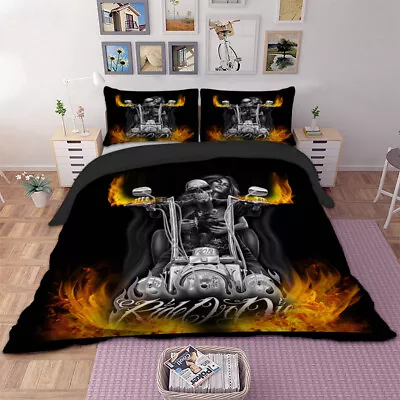 Skull Ghost Rider Quilt Duvet Doona Cover Set Queen King Size Bedding Pillowcase • £13.02