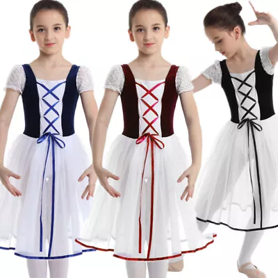 Kids Girls Velvet Short Sleeve Ballerina Ballet Dance Modern Tutu Dress Leotard • £6.43