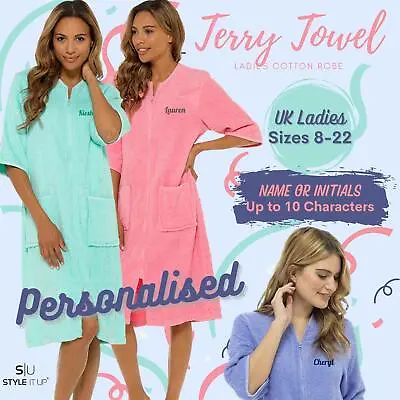 Personalised Ladies Zip Through Terry Towelling Bath Robe Cotton Dressing Gown • £31.99