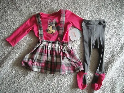 New Disney Minnie Mouse Pink Shirt Plaid Overall Shoes Tights Outfit 0 3 Months • $12.50