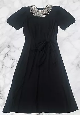 Vtg 80s Westminster Lace Black Maxi Dress W/White Crochet Collar Modest Size 12 • $40