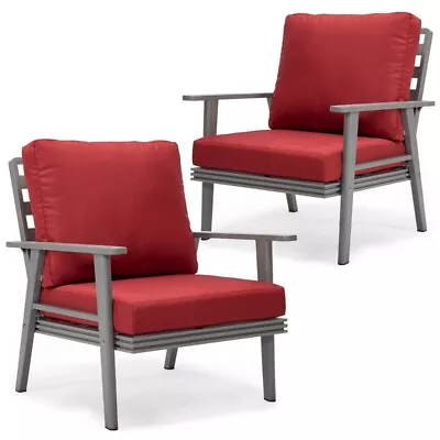 LeisureMod Walbrooke Outdoor Patio Grey Aluminum Armchairs Set Of 2 Red • $980.29