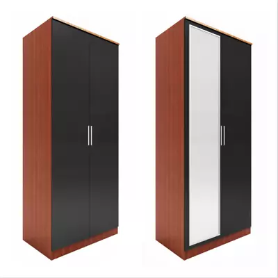 High Gloss 2 Doors Mirror Walunt Wardrobe Storage Hanging Rail Bedroom Furniture • £124.99