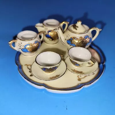 Vintage 9 Pc Miniature Porcelain Coffee/Tea Set W/Blue Gold Flowers Trim-Japan • $14.95