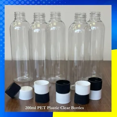 Plastic PET Clear 200ml Bottles With Black White Screw Caps Lids Cylindrical UK • £4.49