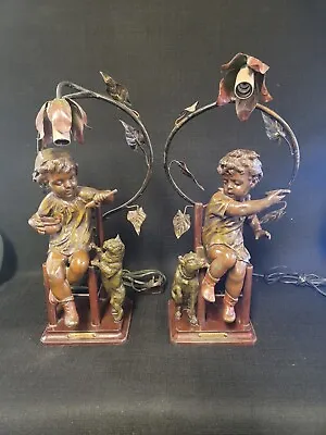 $399.99 • Buy  Vintage Bronze Finished French Lamps Boy/Dog Girl/Cat Desaccorf Par Pillet