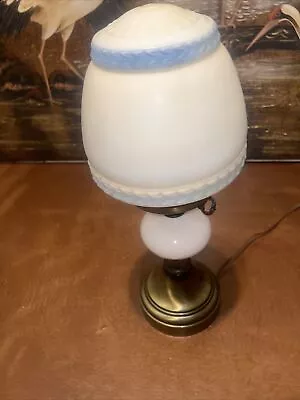 Vintage Milk Glass Lamp MCM Light Blue Stripes Brass Base And Top ￼Very Nice! • $70