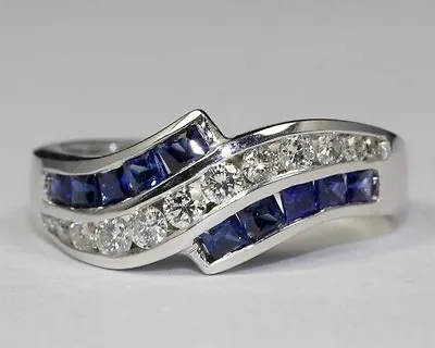 £850.92 • Buy 14k White Gold Princess Blue Sapphire And White Round Diamond 1ct Ring Size 6