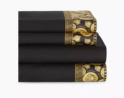 VERSACE Amplified MEDUSA Full/Queen 4-piece Cotton Bed Sheet Set Black/Gold NIB • $529