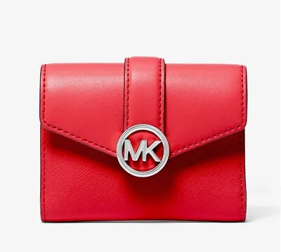 Michael Kors Carmen Wallet Women Flap Trifold Leather Red Gift Box • $49