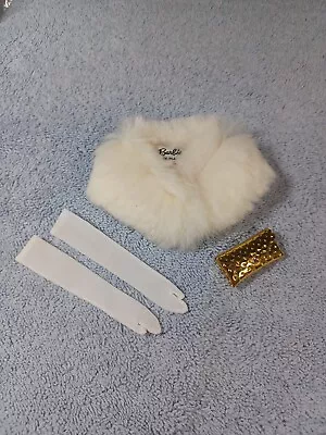 Vintage 60s Barbie Pak Rabbit Fur Stole Gold Dimpled Purse + White Long Gloves • $29.99