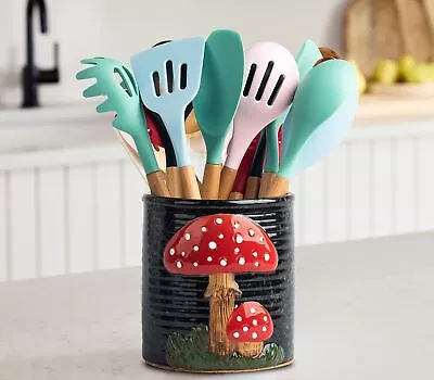 Ceramic Mushroom Kitchen Utensil Holder Medium Black&Red Multiuse Handmade Decor • $58