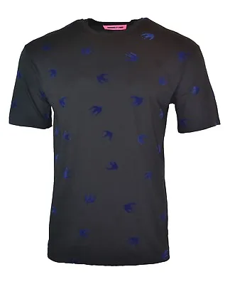 £72 • Buy Mcq Flocked Swallow Print T-shirt Black & Navy Alexander Mcqueen Bird Rare