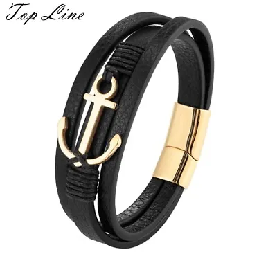 Men Boy Women Gold Anchor Black Braided Genuine Leather Bracelet Wristband 7-8  • $14.99