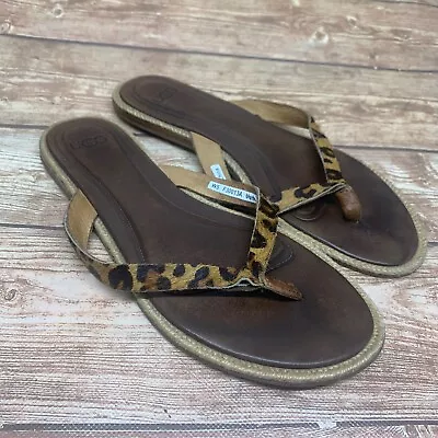 UGG F30013A Leopard Fur Print Leather Flip Flop Thong Sandals Size 5 Shoe Summer • $18.07