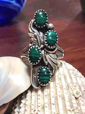 Vintage Native American Sterling Silver Malachite Ring Leaf Sz US 6 Beautiful • $100