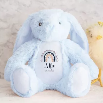 Personalised Bunny Rainbow Baby Blue Gift For Newborn Boy Teddy Bear 23cm New B • £16.95