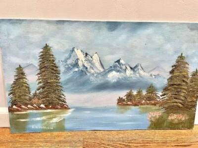 $35 • Buy Vintage Painting Mountains On Canvas Board Trees Lake