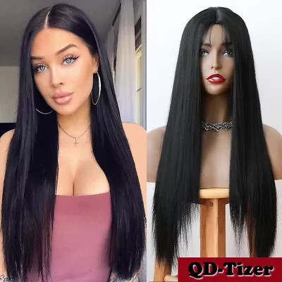Long Black Silky Straight Wigs Synthetic No Lace Wig Natural Baby Hair Heat Safe • $15.90
