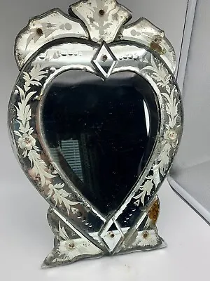 Vintage Venetian Glass Heart Mirror Etched Beveled As Is • $130