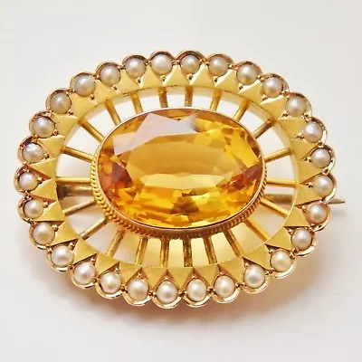 Antique Victorian 9ct Gold Scottish Cairngorm Citrine & Seed Pearl Brooch C1900 • £895