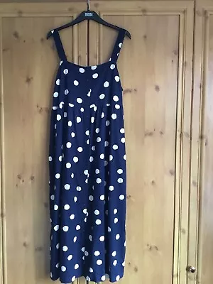 MARKS & SPENCER NAVY SPOTTED LINEN BLEND MIDI SUN DRESS SIZE 14 Regular. • £4.99