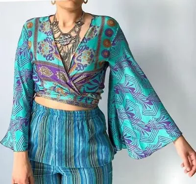 Wholesale 10 Pc Indian Vintage Silk Sari Bell Sleeve Crop Top Retro 60s Clothing • $167.12