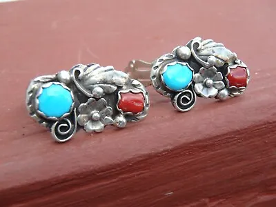 VTG Navajo STERLING SILVER Coral Turquoise Flower CLIP EARRINGS FRED ADAKAI • $40