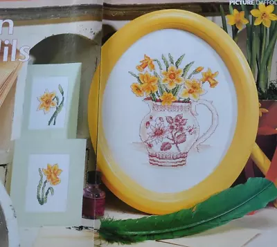 Vintage Cross Stitch Chart Only - Jug Of Daffodil Flowers Sampler & Cards • £1.25