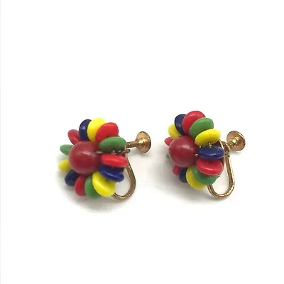 Vintage Multicolor Beaded Cluster Flower Gold Tone Ladies Screw Back Earrings • $14.99