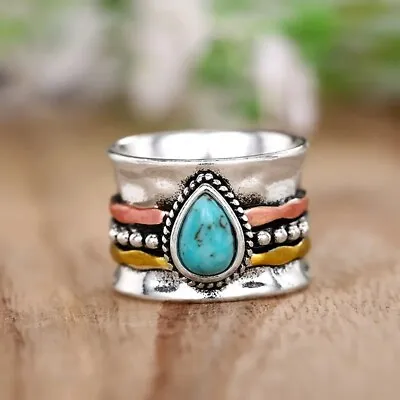 Boho 925 Sterling Silver Elegant Charms Vintage Turquoise Charms Ring Size 8 • $15.74