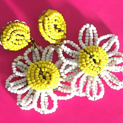 Vintage Daisy Seed Bead Pierced Post Earrings Women's Jewelry • $45