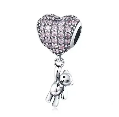 Pink Heart Balloon Bear Charm 925 Sterling Silver New Jewelry European Baby Girl • $19.99