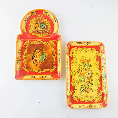 Vtg Florentine Style Paper Mache Snack Trays Floral Japan MCM Alcohol-Proof Lot • $12.74