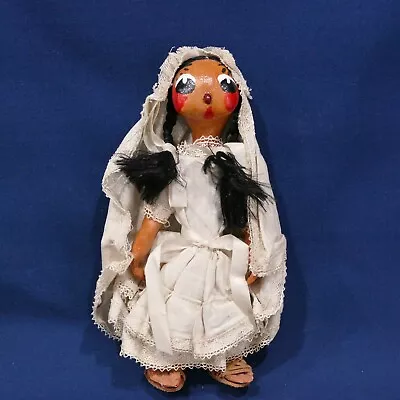 Vntge Mexican Folk Art Painted Oil Cloth 8  Doll Female Figure In Wedding Dress  • $14.50