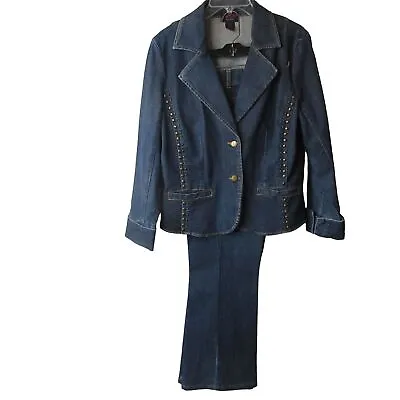 $69.99 • Buy VS2 By Vakko Women's Denim Blazer Denim Studded Pant Set Size 10 / 12 - Vintage