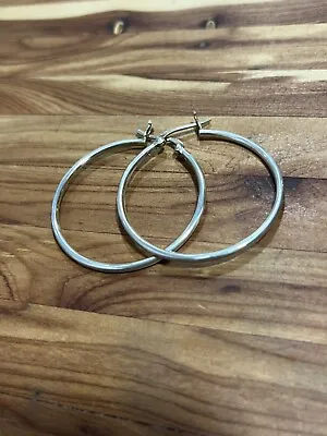 Vintage Sterling Silver Medium Minimalist Hoop Pierced Earrings 925 • $27