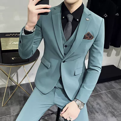 3PCS Suit Men's Dress Blazer Jacket Vest Pants One Button Wedding Tuxedos Formal • $110.22