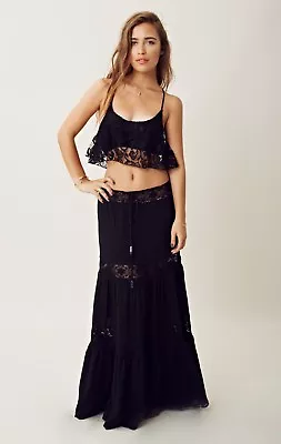 NWT Michelle Jonas Long Hippie Lace Inset Maxi Skirt In Black S $286 • $199.99