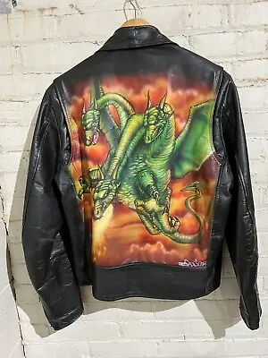 Vintage Airbrushed Leather Biker Jacket Size 40 Custom Dragons Excelled • $450
