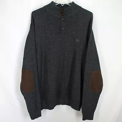 Chaps Mens Sweater M Gray Henley With Elbow Patches Long Sleeve Cotton Pullover • $27.99