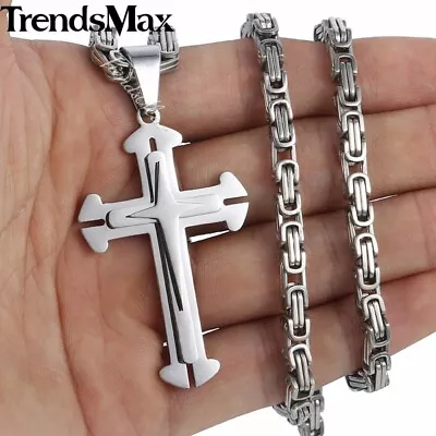 Cross Necklace For Men Gold Plated Stainless Steel 18 -30  Byzantine Box Chain • $13.99