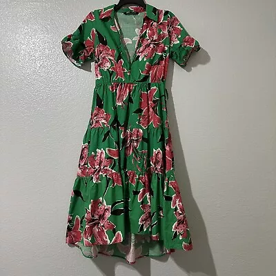 Zara Short Sleeve Dress Collared Green With Pink Flowers Sz M Medium • $28.99