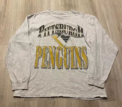 Vintage 90s Pittsburgh Penguins Long Sleeve T Shirt Sz XL NHL Gray Single Stitch • $35