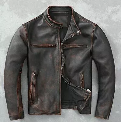 Men’s Motorcycle Biker Vintage Cafe Racer Distressed Black Real Leather Jacket - • $94