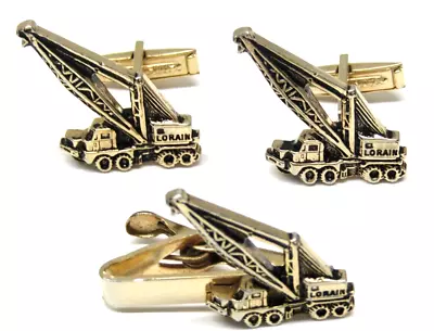 Retro Cufflinks Mercury Industries Tie Clip Set Lorain Crane Enamel Gold Mens • $39.45