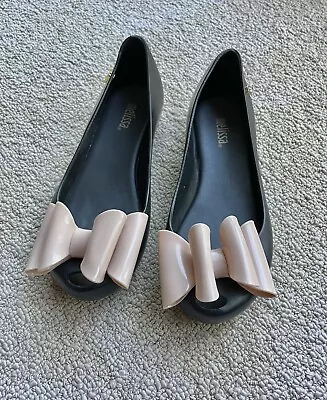 Melissa Shoes  Peep Toes Ultra Girl Size 1 Navy With Pink Bow • $25